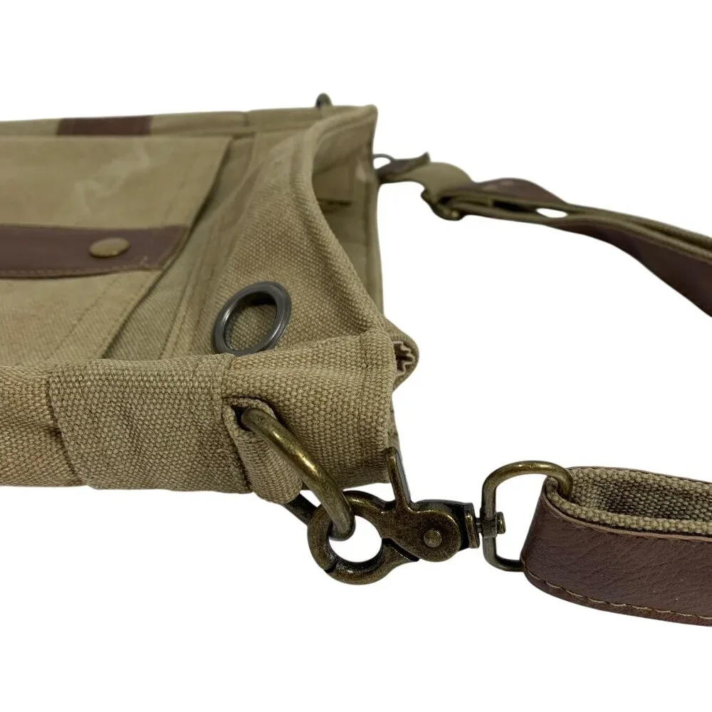 Heavy Khaki Canvas Faux Leather Trim Messenger Satchel Crossbody Bag Pockets EUC